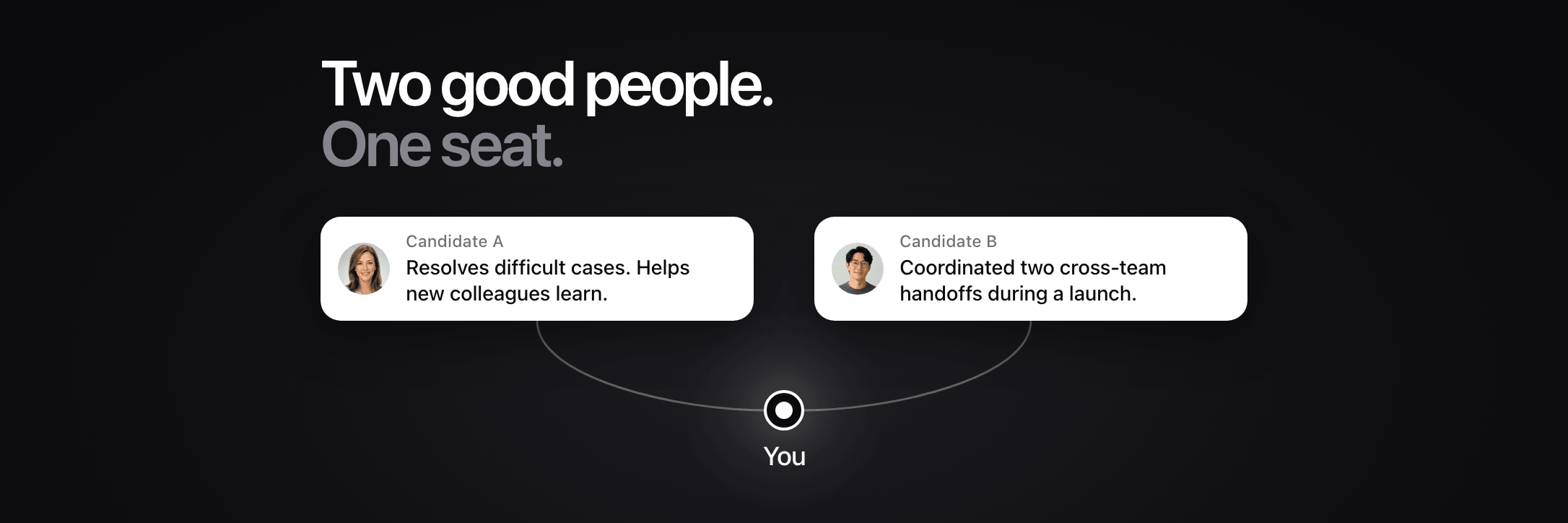Cover: “Two good people. One seat.” Evidence for two promotion candidates leads to You.