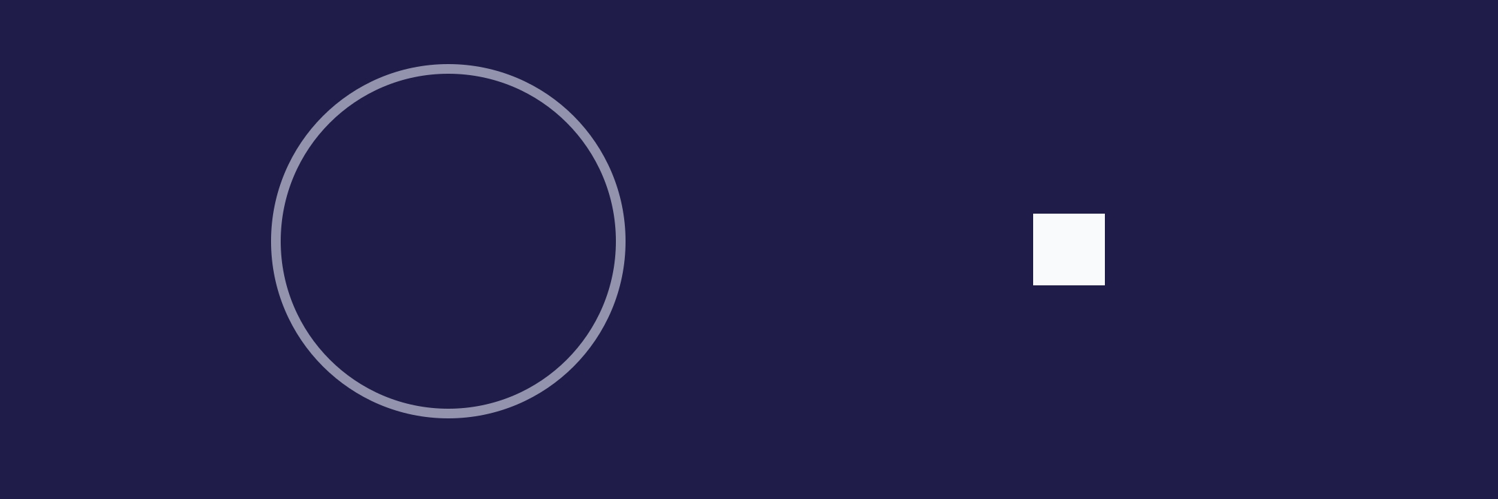 An oversized hollow grey circle is counterbalanced by a small solid white square on deep violet, contrasting appearance with substance.