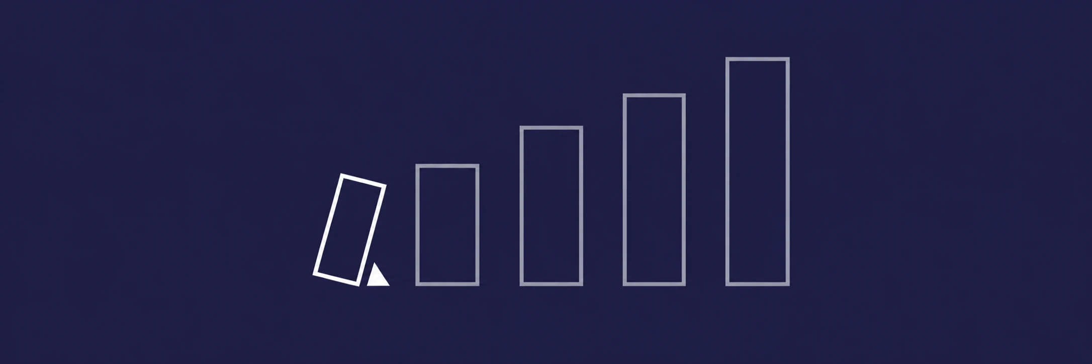 A small white wedge steadies a leaning outline before a row of larger upright frames, showing how early feedback prevents problems from escalating.