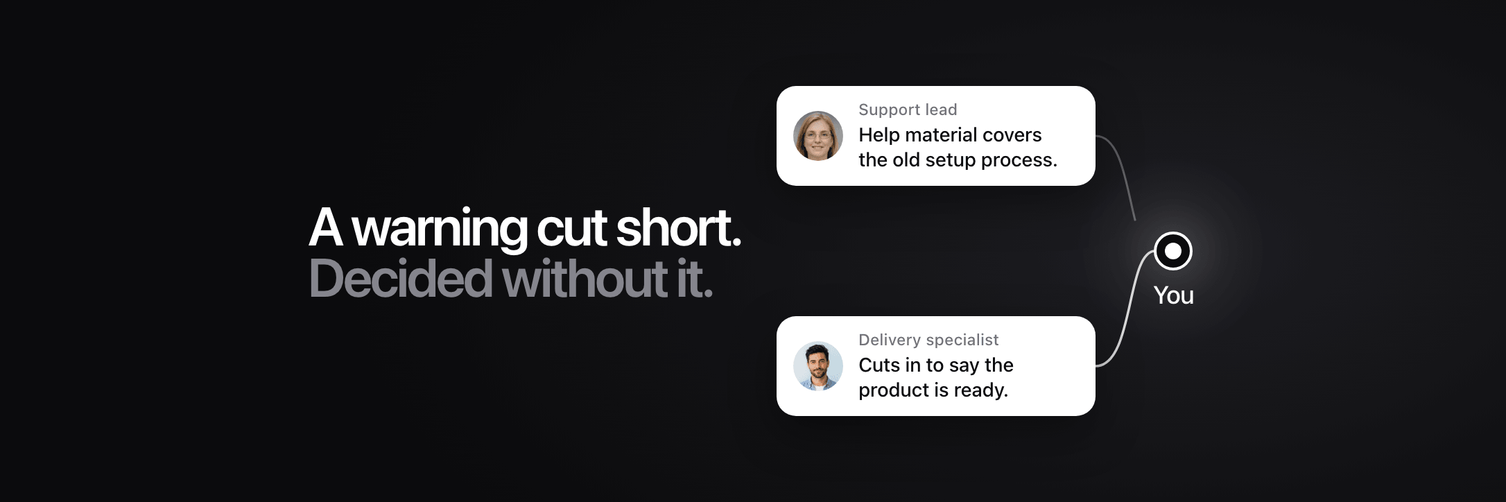 Cover: “A warning cut short. Decided without it.” A delivery specialist’s interruption reaches You while the support lead’s warning stops short.
