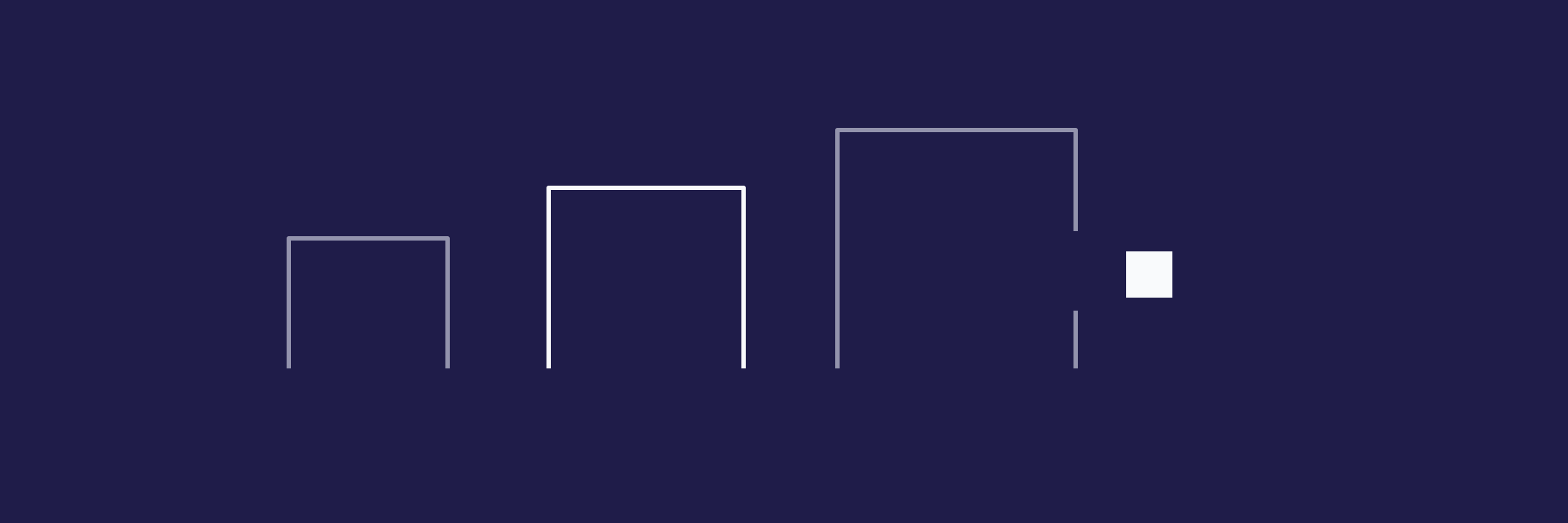 Three open doorway frames grow across deep violet while a small white square exits the final gap, representing an early departure.