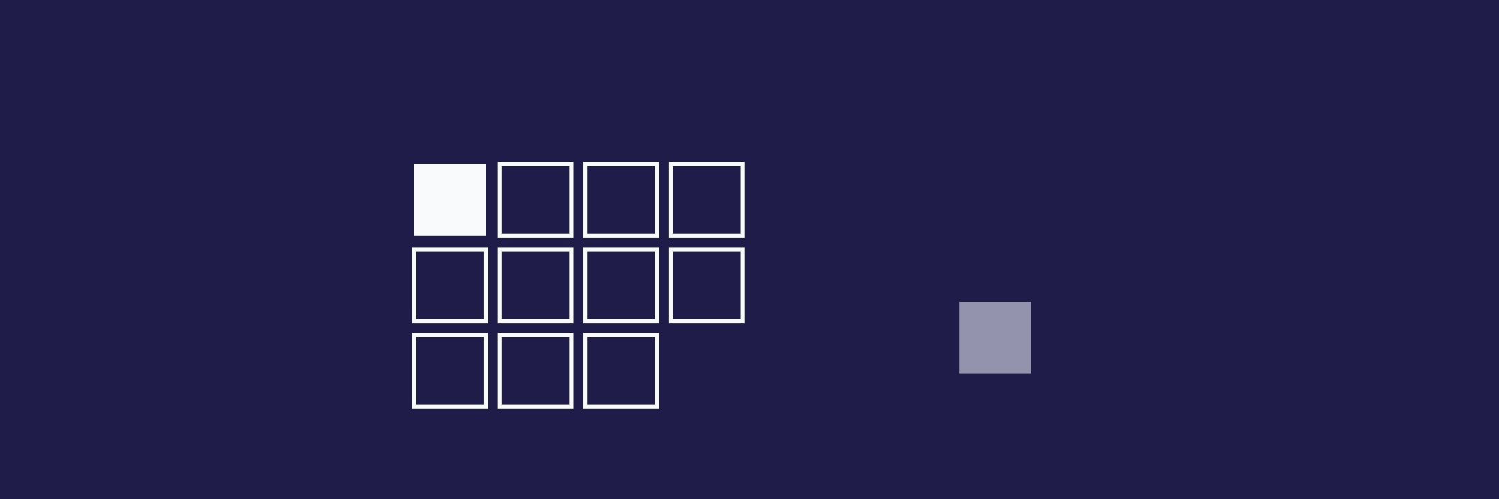 A compact grid of outlined white modules leaves one grey square displaced on deep violet, representing a shared standard and an honest mismatch.