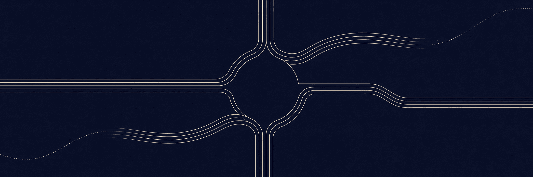 Distinct signal paths pass through a shared centre, representing aligned work values without forced sameness.