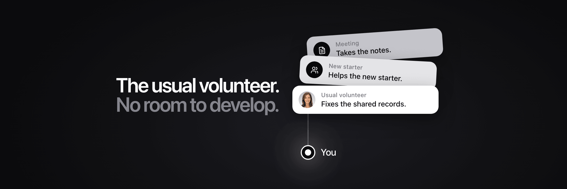 Cover: “The usual volunteer. No room to develop.” Meeting notes, help for a new starter and shared-record fixes pile onto one colleague before reaching You.