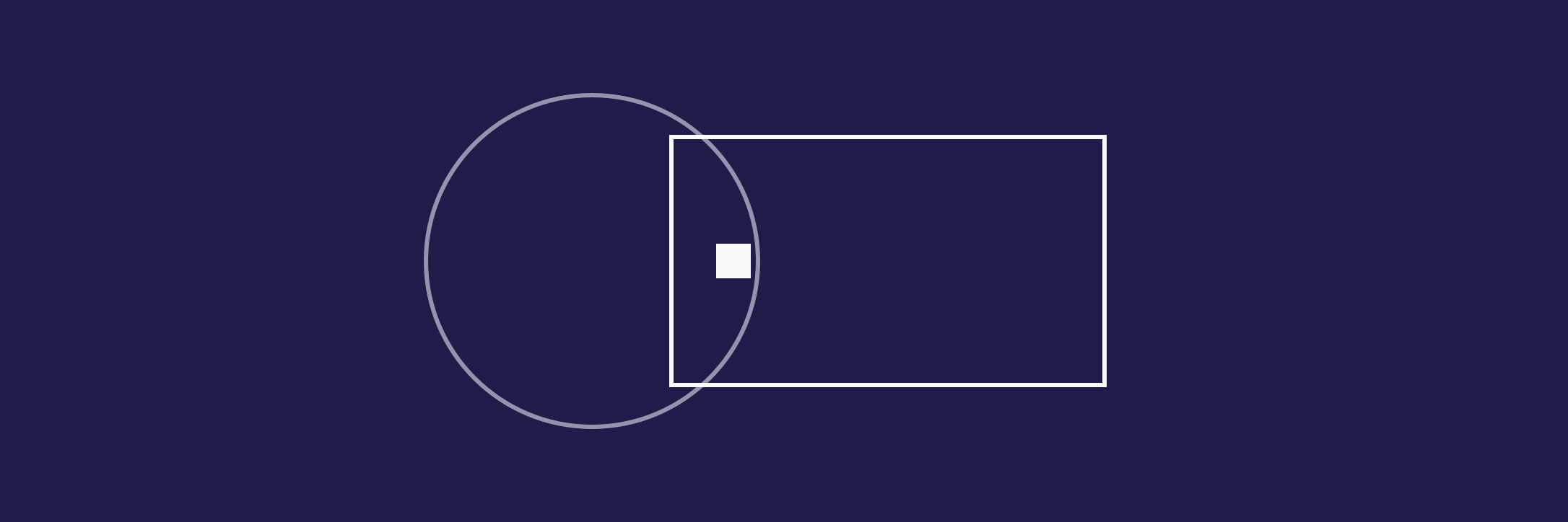 An open circle and rectangle overlap around a small white square on deep violet, separating weak performance from unclear responsibility.