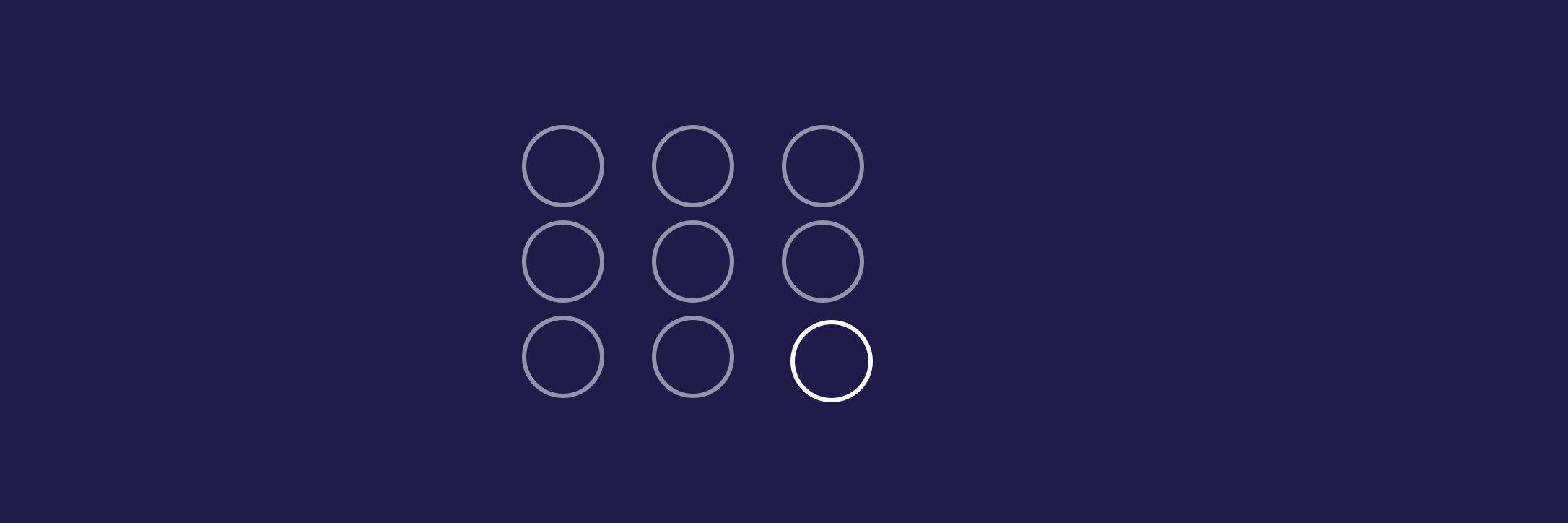 Nine outlined circles form a compact grid while one shifts and fails to close on deep violet, marking a subtle unexplained change.