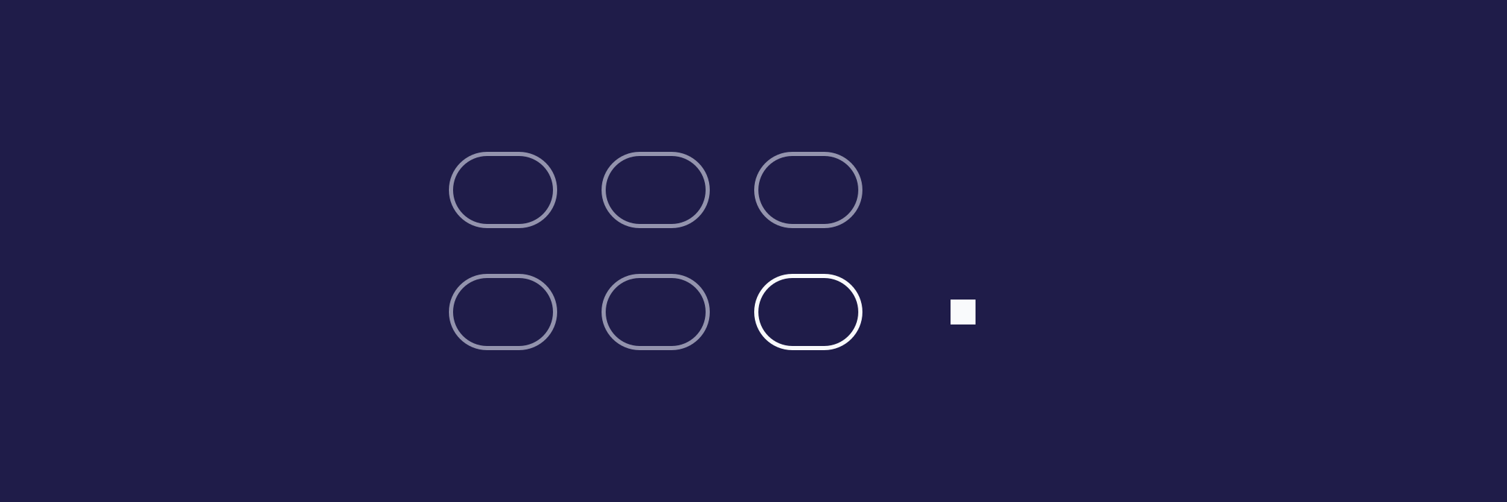Six open meeting loops form a steady cadence while one white square leaves through a gap on deep violet, showing a hidden resignation.