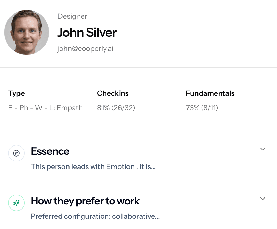 Coop Profile screen with essence, checkins, and fundamentals context