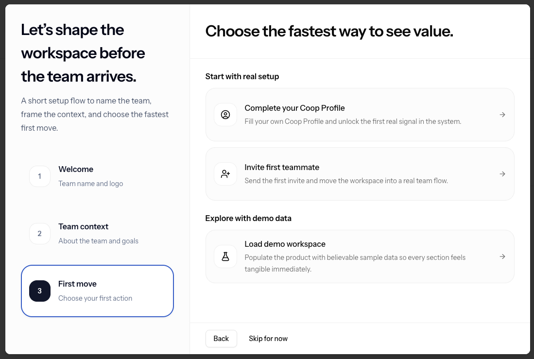 Onboarding and mock data preview in Cooperly