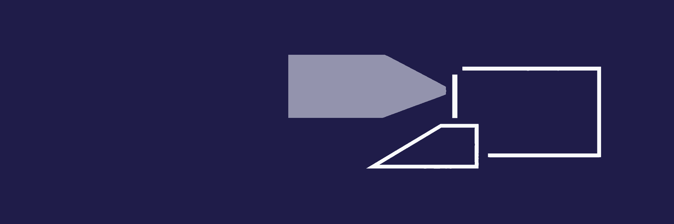 A grey wedge stops before a white upright boundary, while a smaller outlined shape approaches an open rectangular space below.