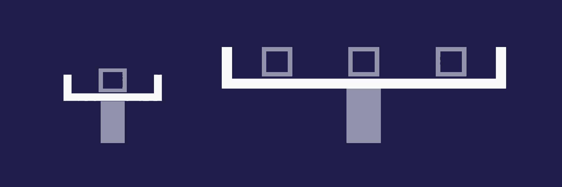 A short tray with one square and a longer tray with three squares rest on separate supports, with a clear gap.