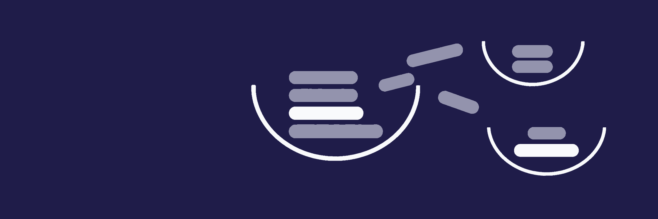 Grey task pieces spread from a crowded open bowl toward two smaller bowls, with white pieces among the remaining stacks.