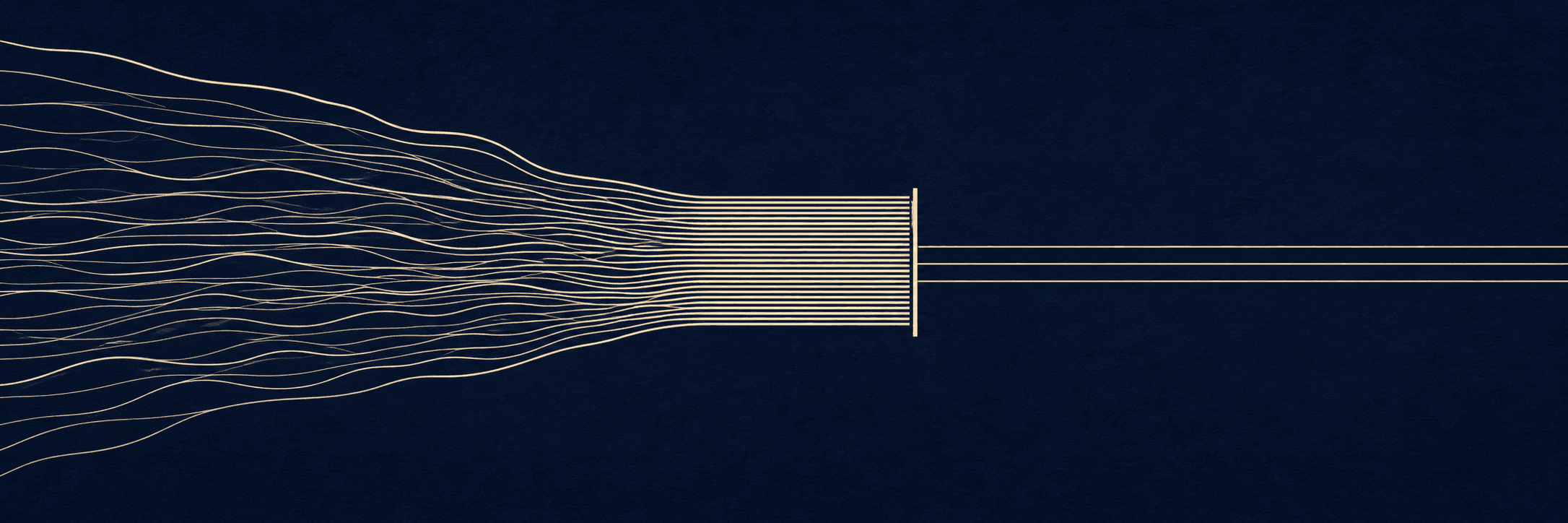 Many ivory work lines compress into a narrow queue on deep navy, representing team demand exceeding available capacity.